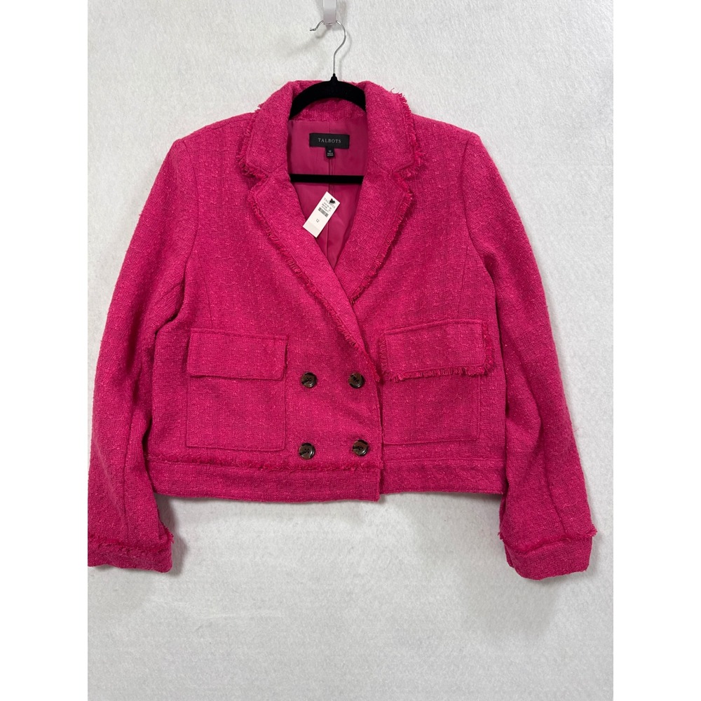 Talbots Pink Boucle Cropped Blazer Fringe Trim Double Breasted NWT Size 12